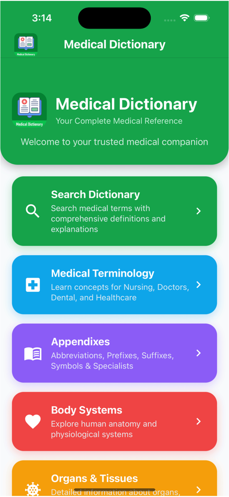Medical Nursing Dictionary - Menú principal de la aplicación Diccionario Médico de Enfermería con tarjetas de navegación coloridas para terminología médica, sistemas corporales y abreviaturas.