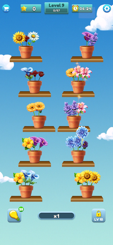 Flower Matching Game - Captura de pantalla del juego de Flower Matching Game que muestra coloridas macetas de flores en estantes de madera contra un fondo de cielo azul.