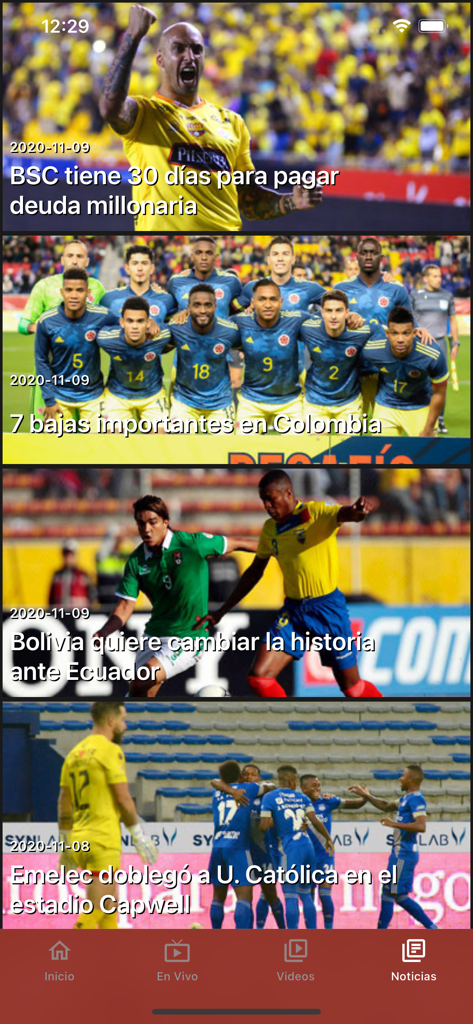 El Canal del Fútbol - News feed of the El Canal del Futbol app featuring headlines about Ecuadorian soccer teams and matches
