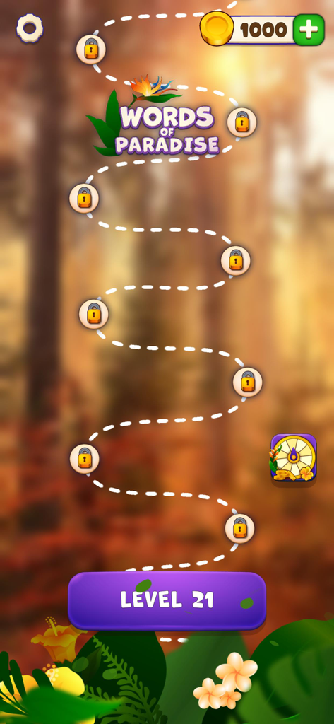Words of Paradise - Words of Paradise game interface showing a winding level progression path set against a blurred sunset forest background.