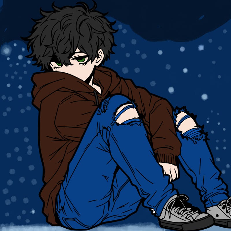 a male hoddie ripped jeans messy hair anime