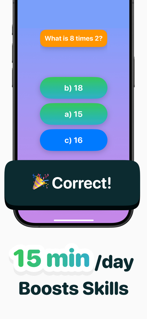 A multiplication quiz in the Turtle Math app showing a correct answer message.