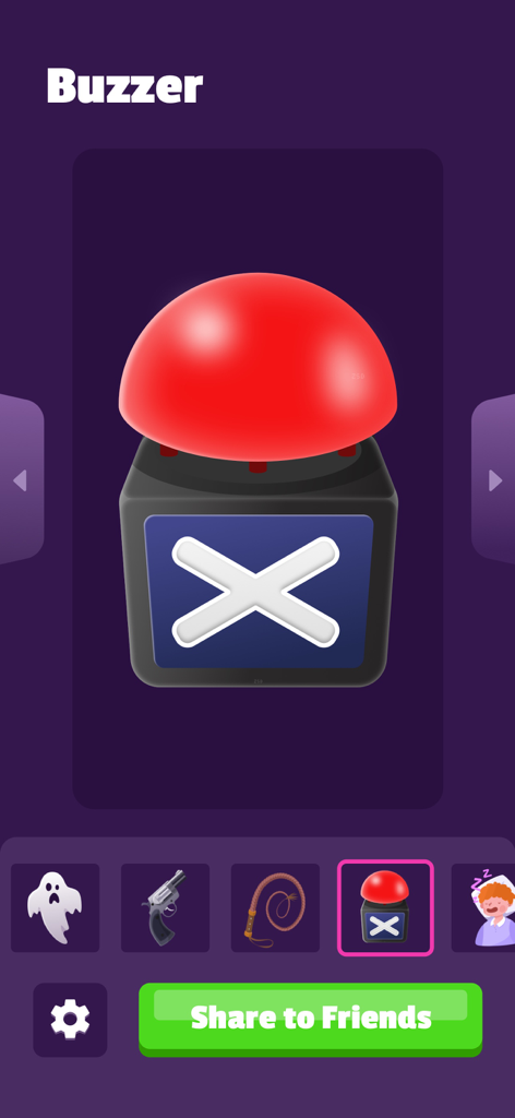 Buzzer sound effect screen in the Air Horn and Fart Sounds Prank app featuring a large red button