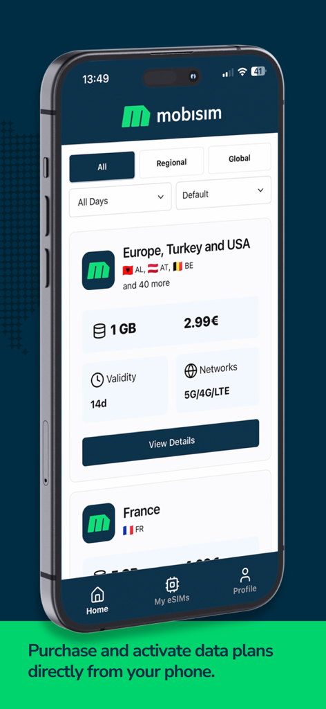 MobiSIM - Interfaz de la aplicación MobiSIM en un smartphone mostrando planes de datos internacionales para Europa, Turquía y EE. UU.