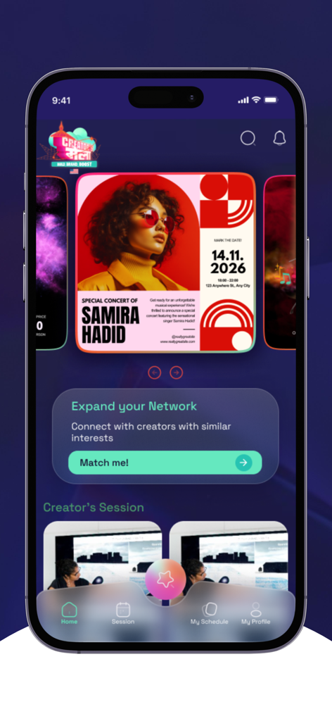 Creator's Mela - Creator's Mela app home screen displaying event highlights a networking match feature and creator session videos