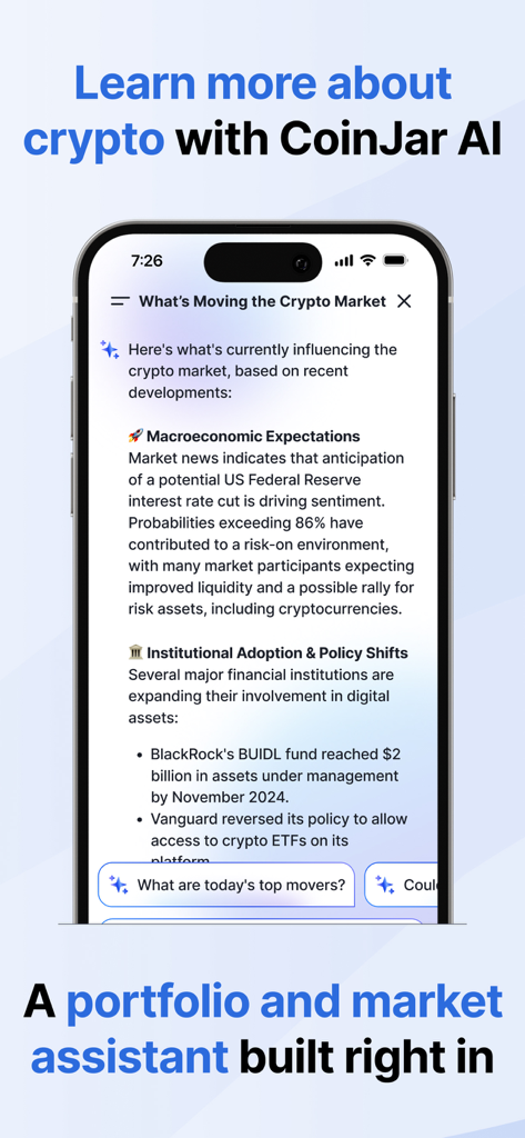 CoinJar: Buy Bitcoin & Crypto - Schermata dello smartphone che mostra l'assistente AI di CoinJar che fornisce analisi di mercato e insight sulle criptovalute.
