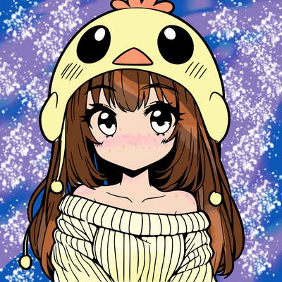 anime girl with chick shaped hat with sweater with bare shoulders with bangs covering them one eye with low tail