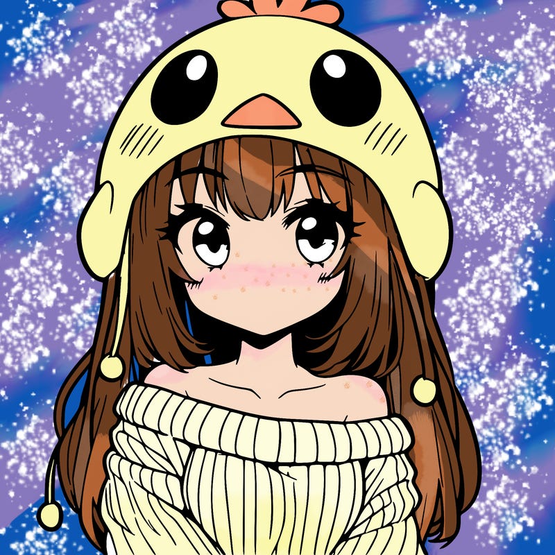 anime girl with chick shaped hat with sweater with bare shoulders with bangs covering them one eye with low tail