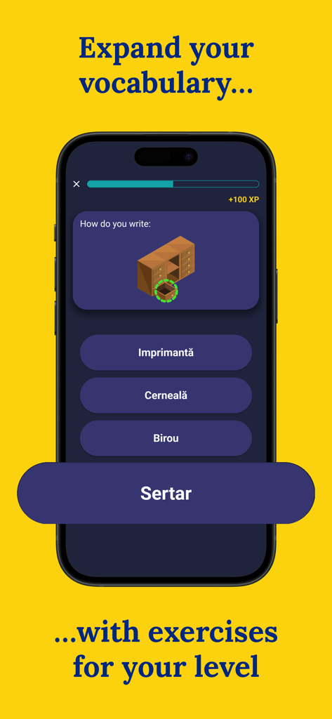 Exercício interativo de vocabulário romeno mostrando uma gaveta de móveis com opções de múltipla escolha de palavras