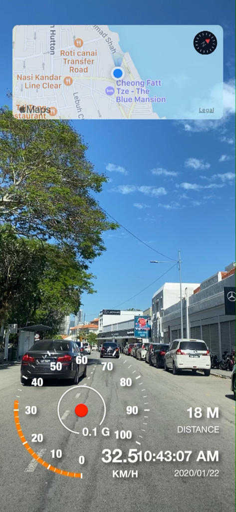 Motion Log Cam - Interface do Motion Log Cam mostrando uma gravação de vídeo com sobreposições de velocímetro e indicador de força G embutidos.