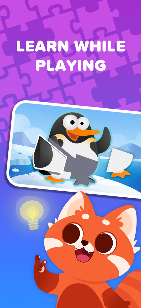 Puzzles & Colors: Kids Games - Juego de puzzle educativo para niños con un pingüino y un panda rojo con el texto aprende mientras juegas.