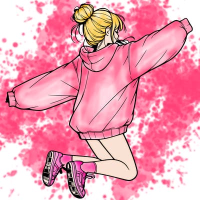 realistic girl jumping with a bun and oversized sweatshirt