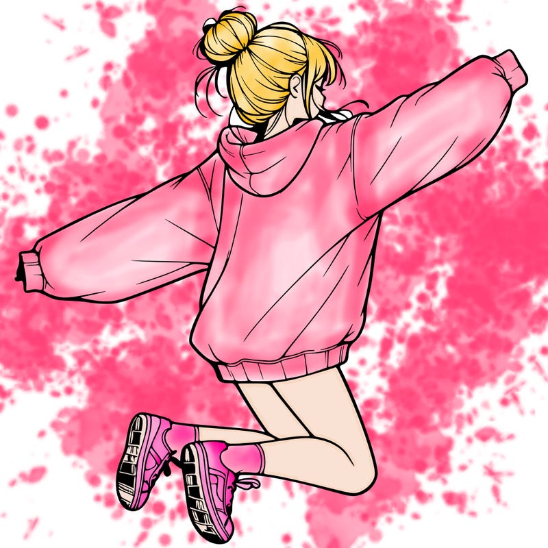 realistic girl jumping with a bun and oversized sweatshirt