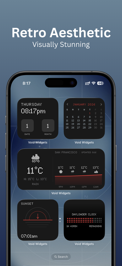 Void Widgets - Retro & Minimal - Tela inicial do iPhone exibindo vários widgets retrô minimalistas, incluindo um relógio de matriz de pontos, calendário, clima e Dayloader.