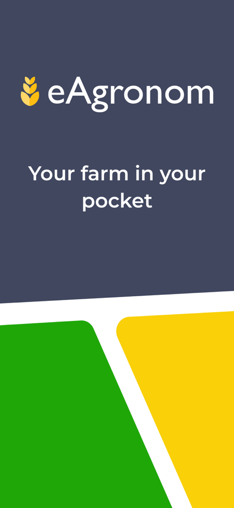 Écran d'accueil de l'application mobile eAgronom affichant le slogan Votre ferme dans votre poche