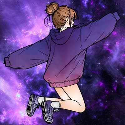 realistic girl jumping with a bun and oversized sweatshirt