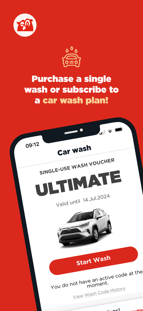 Couche-Tard - Interface of the Couche-Tard app showing options for a single car wash voucher or a subscription plan
