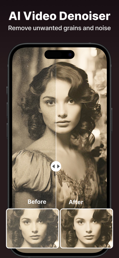 AI Video Enhancer & Upscaler - Geteilter Bildschirmvergleich der KI-Video-Rauschunterdrückungsfunktion, die Körnigkeit und Rauschen aus einem Porträtvideo entfernt.
