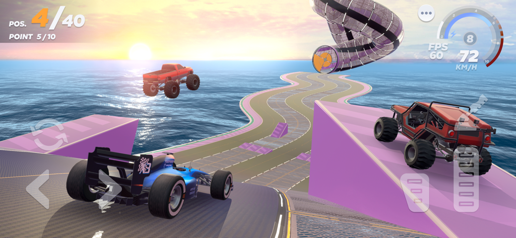 Fall Cars Online - Multiple vehicles racing on a mega ramp obstacle course over the ocean at sunset.