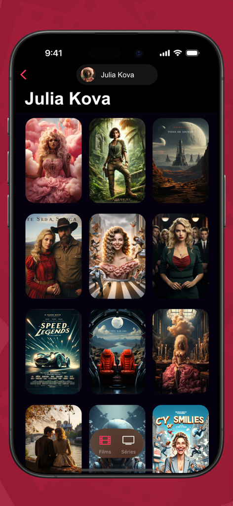 SeeClap - IPTV & Xtream Player - Interfaz de la aplicación IPTV SeeClap en iPhone mostrando una cuadrícula de pósters de películas de alta calidad en una biblioteca multimedia personalizada