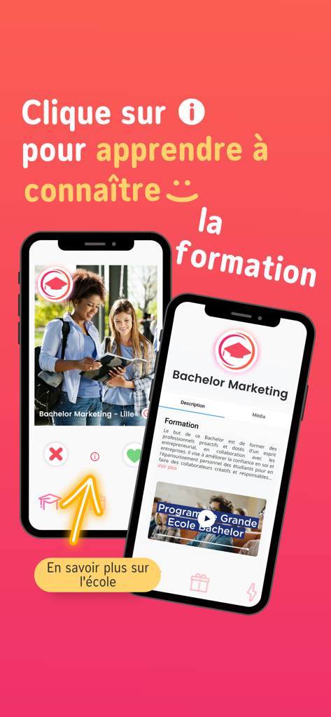 Orientation Parcoursup & Bac+3 - Deux smartphones affichant l'interface de l'application StudyMatch montrant une carte de programme universitaire et sa page de description détaillée avec un swipe pour matcher.