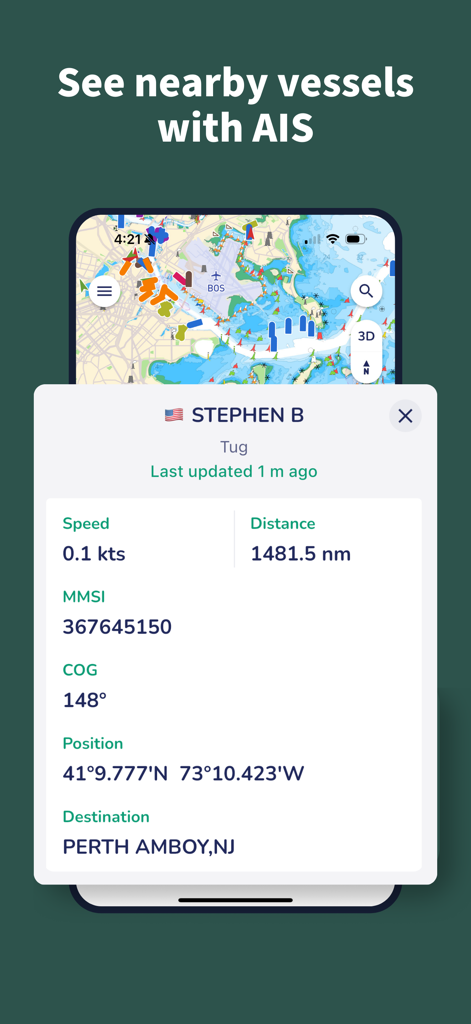 Savvy Navvy app screen showing AIS vessel tracking and detailed boat information on a nautical map