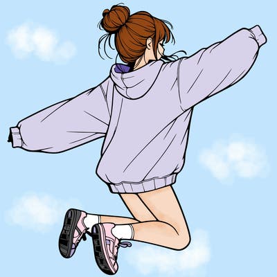 realistic girl jumping with a bun and oversized sweatshirt