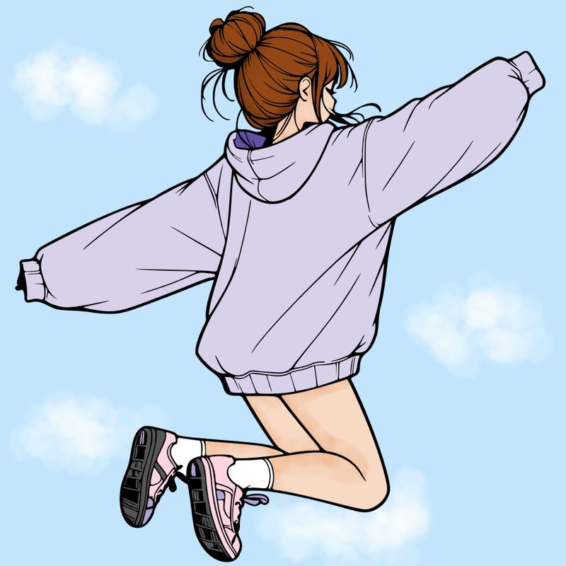 realistic girl jumping with a bun and oversized sweatshirt