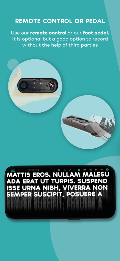 TeleprompterPAD - Gráfico promocional mostrando um controle remoto e um pedal usados com o aplicativo TeleprompterPAD para rolagem de roteiro com as mãos livres.
