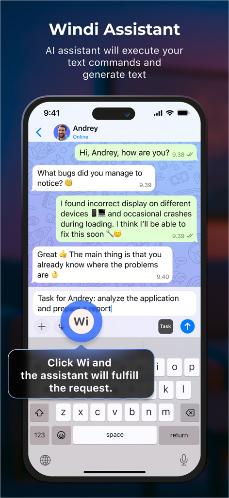 Interfaz de Windi Messenger mostrando un asistente de IA ejecutando comandos de texto y generando tareas dentro de un chat.