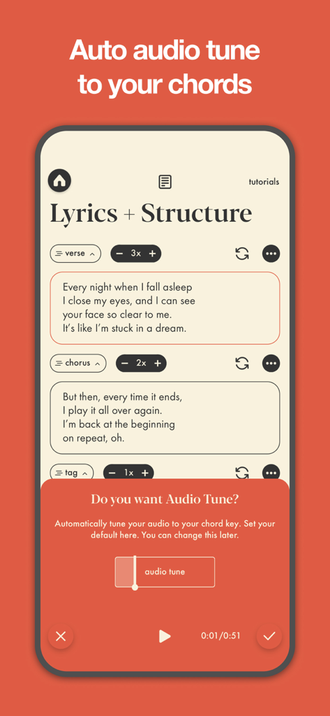 A mobile app interface showing song lyrics and a prompt to automatically tune audio to chord keys.