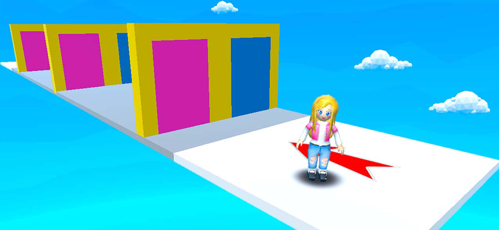 A character standing on a white platform in a colorful parkour obby game level.