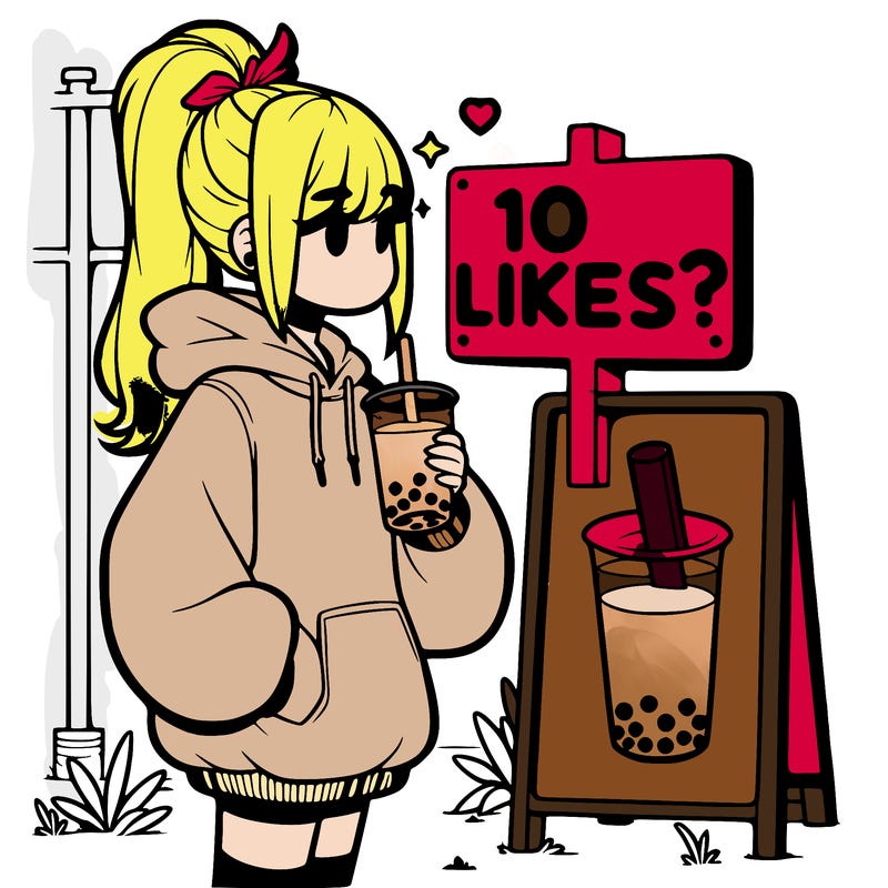 girl with oversized hoodie drinking boba and she has a high ponytail with a sign that says 10likes?