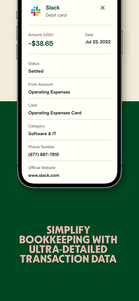 Detailed business transaction view in the Relay mobile banking app showing categorized spending and merchant information