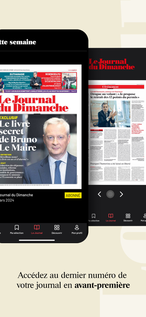 Le JDD mobile app interface showing the digital edition of the Sunday newspaper with an article about Bruno Le Maire.
