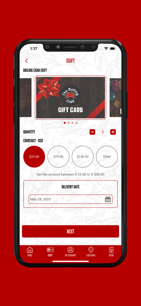 The Boiling Crab Rewards - The Boiling Crab app screen for selecting eGift card amount and delivery date