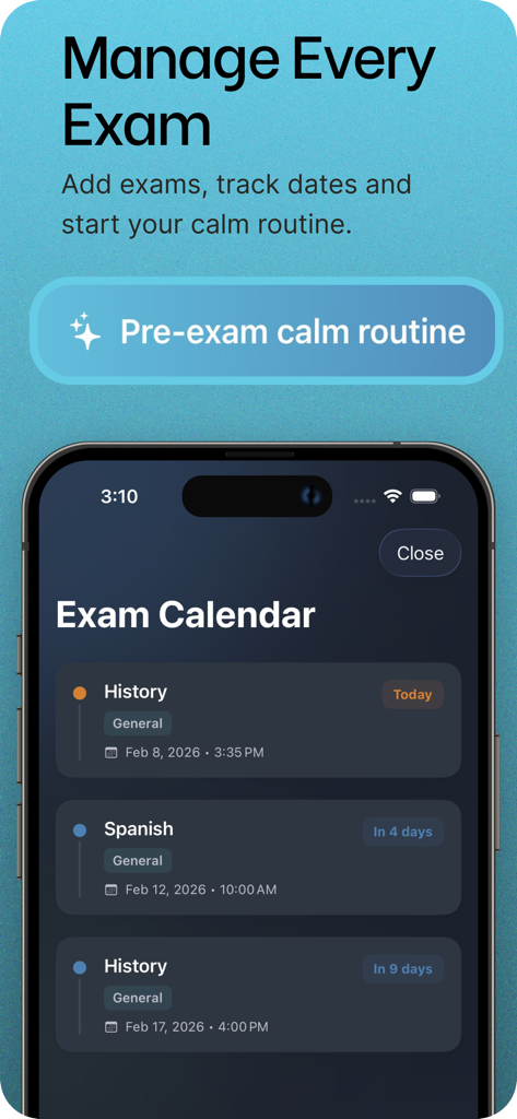 Pingo app exam calendar screen displaying upcoming test dates and a calm routine button