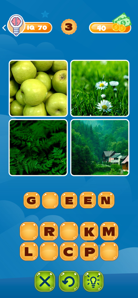 Word Puzzle - 4 pics 1 word - Word Puzzle gameplay showing four images of green items and a letter grid to guess the word green