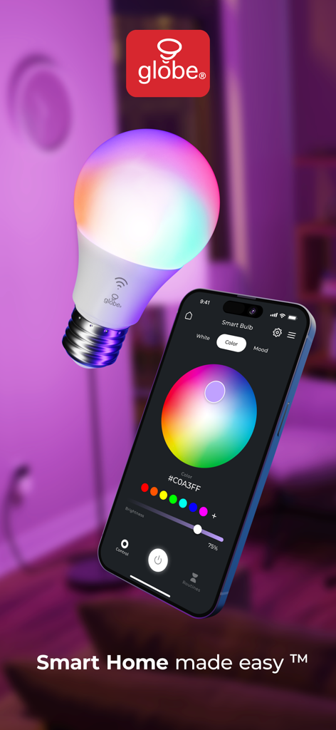 A smartphone displaying the Globe Suite app interface for controlling a multicolored smart bulb color and brightness