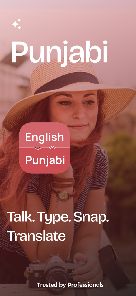 English Punjabi Translator + - English Punjabi Translator app screen showing a woman with a camera and text about talking typing and snapping to translate