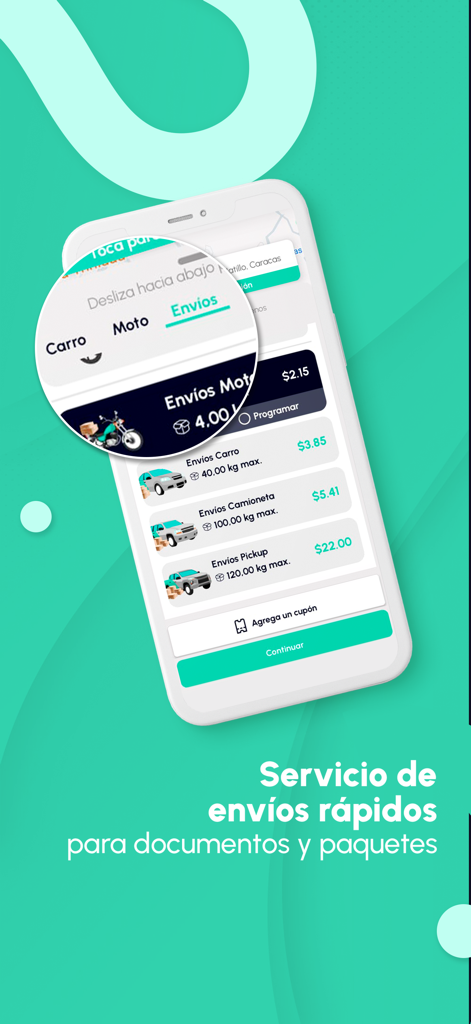 Ridery: Safety rides - Interface of the Ridery app showing different vehicle options for package delivery with prices in USD