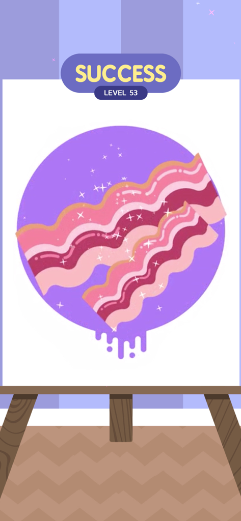 Stencil Art - Spray Masters - Una pantalla de éxito para el nivel 53 en Stencil Art Spray Masters que muestra una pintura terminada de tiras de tocino en un caballete.