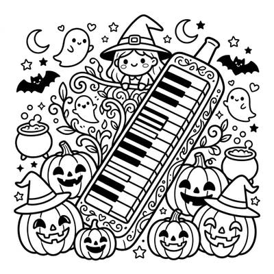 Dive into a playful Halloween scene featuring a melodica surrounded by friendly ghosts, smiling jack-o'-lanterns, and a cute witch. This delightful coloring page offers a perfect blend of musical joy and spooky fun for kids.