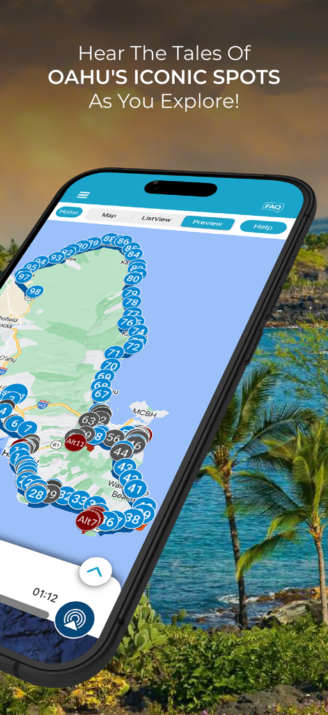 Oahu Grand Circle GPS Guide - セルフガイドドライブ体験のための、番号付きツアー停止地点が表示されたオアフ島のGPSマップを表示するスマートフォンの画面。
