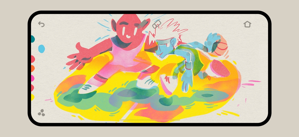 A colorful digital illustration with grainy ink textures and a minimal drawing interface in the Graintouch app