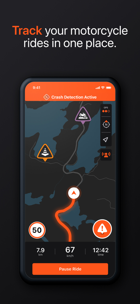 Detecht app screen showing a motorcycle route on a map with real-time speed and crash detection enabled