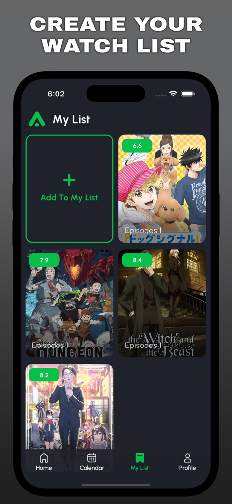 Interface de l'application mobile AniVerse montrant une liste de surveillance d'anime personnalisée avec diverses couvertures et notes de séries