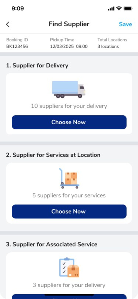 TNG Member - Oberfläche der TNG Mitglied App, die die Anbieterauswahl für Lieferung und Dienstleistungen zeigt.