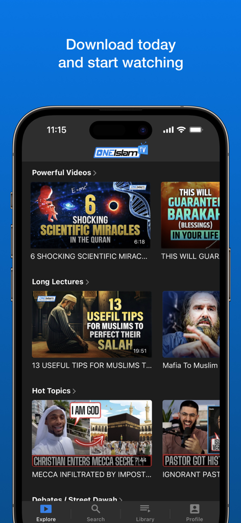 One Islam TV - Home screen of the One Islam TV app on a smartphone displaying Islamic lectures and educational video categories.