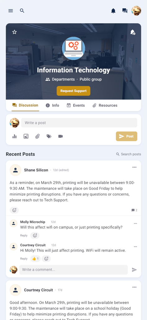 My CU app Information Technology department group page featuring a community discussion feed and support request button.